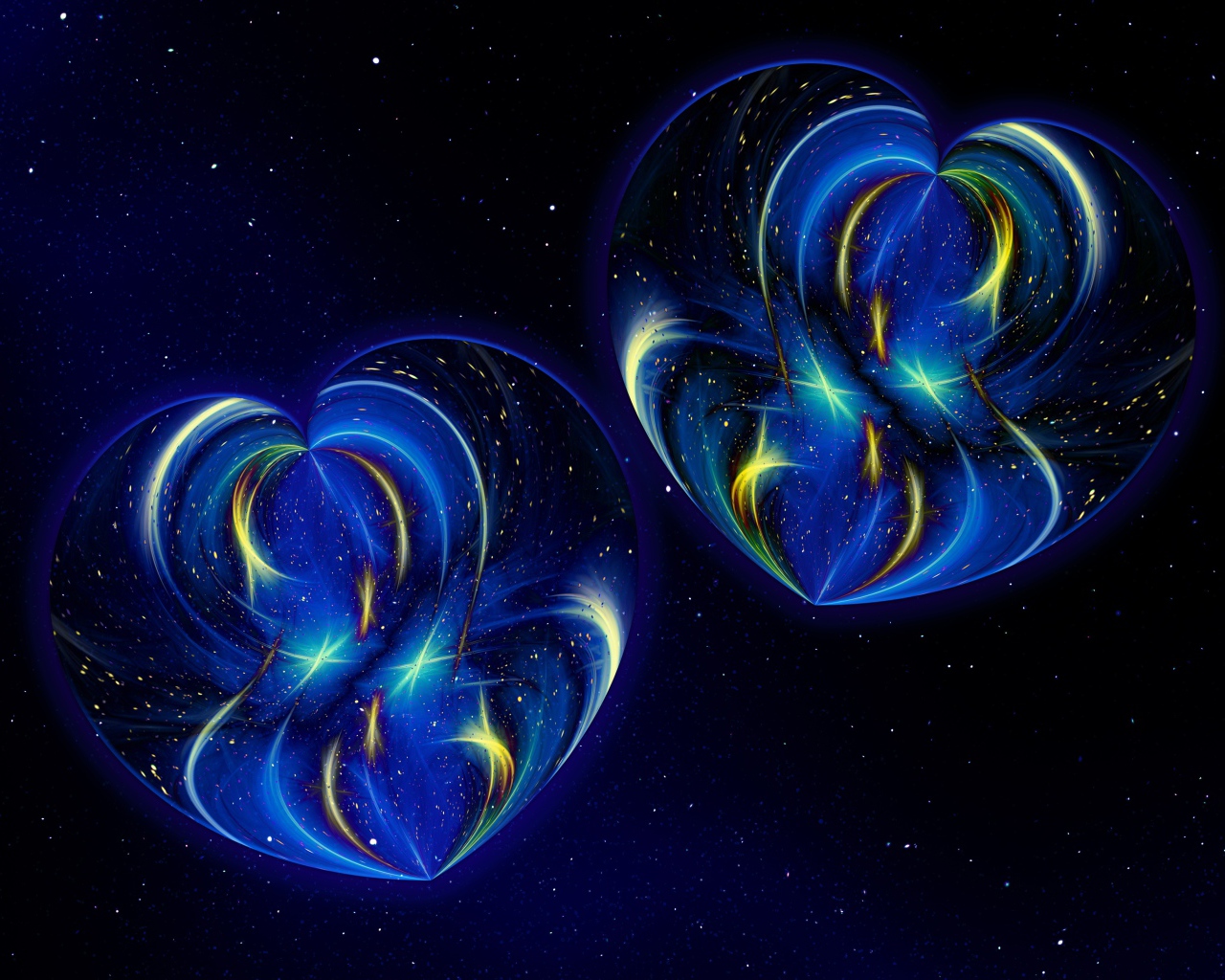 Два красивых неоновых сердца на синем фоне