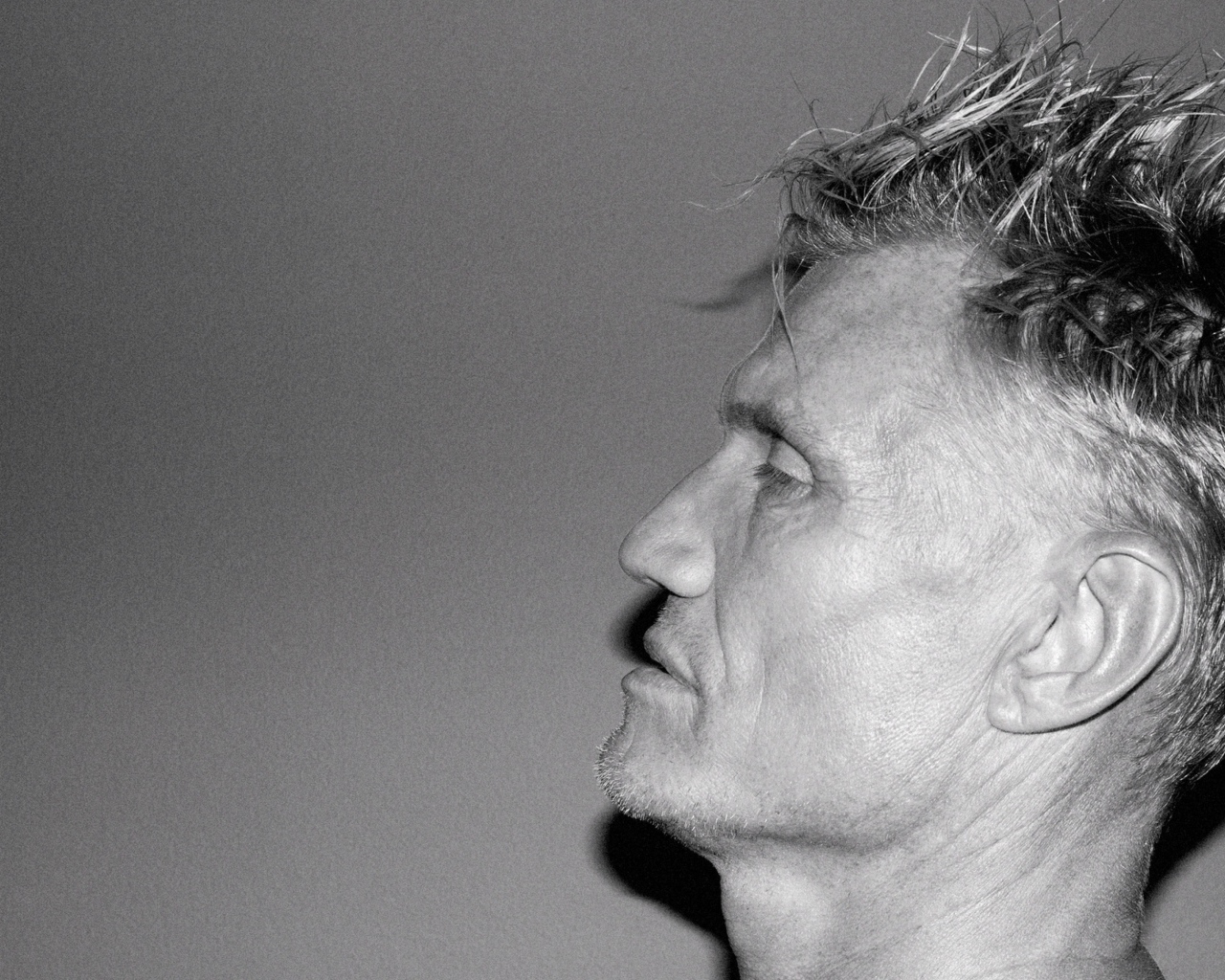 Лицо актера Дольфа Лундгрена боком на сером фоне