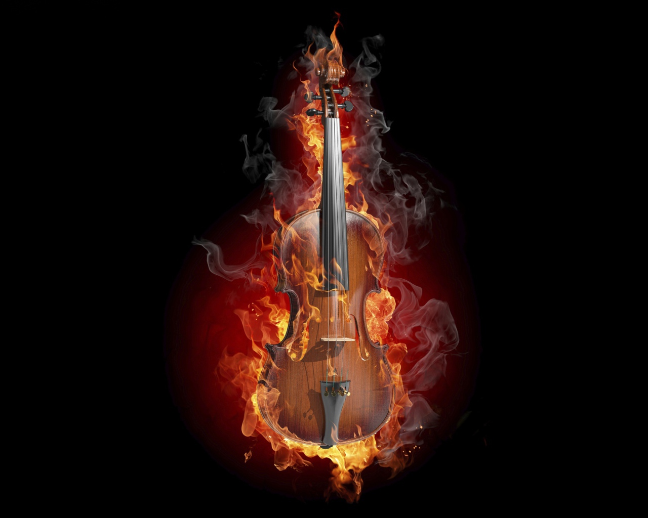 Burning violin on black background