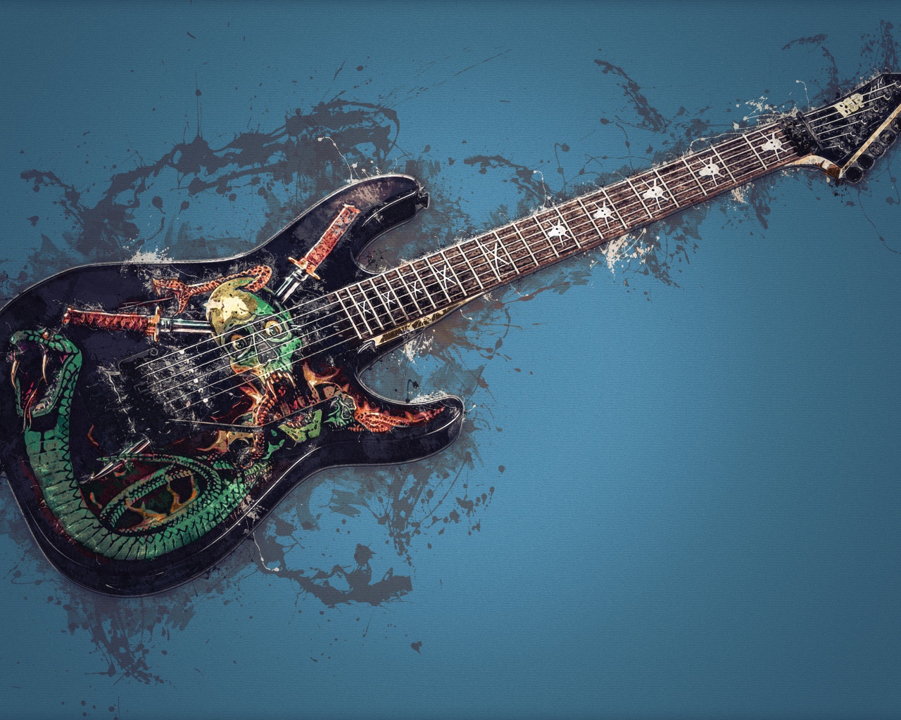 Электрогитара с рисунком на синем фоне