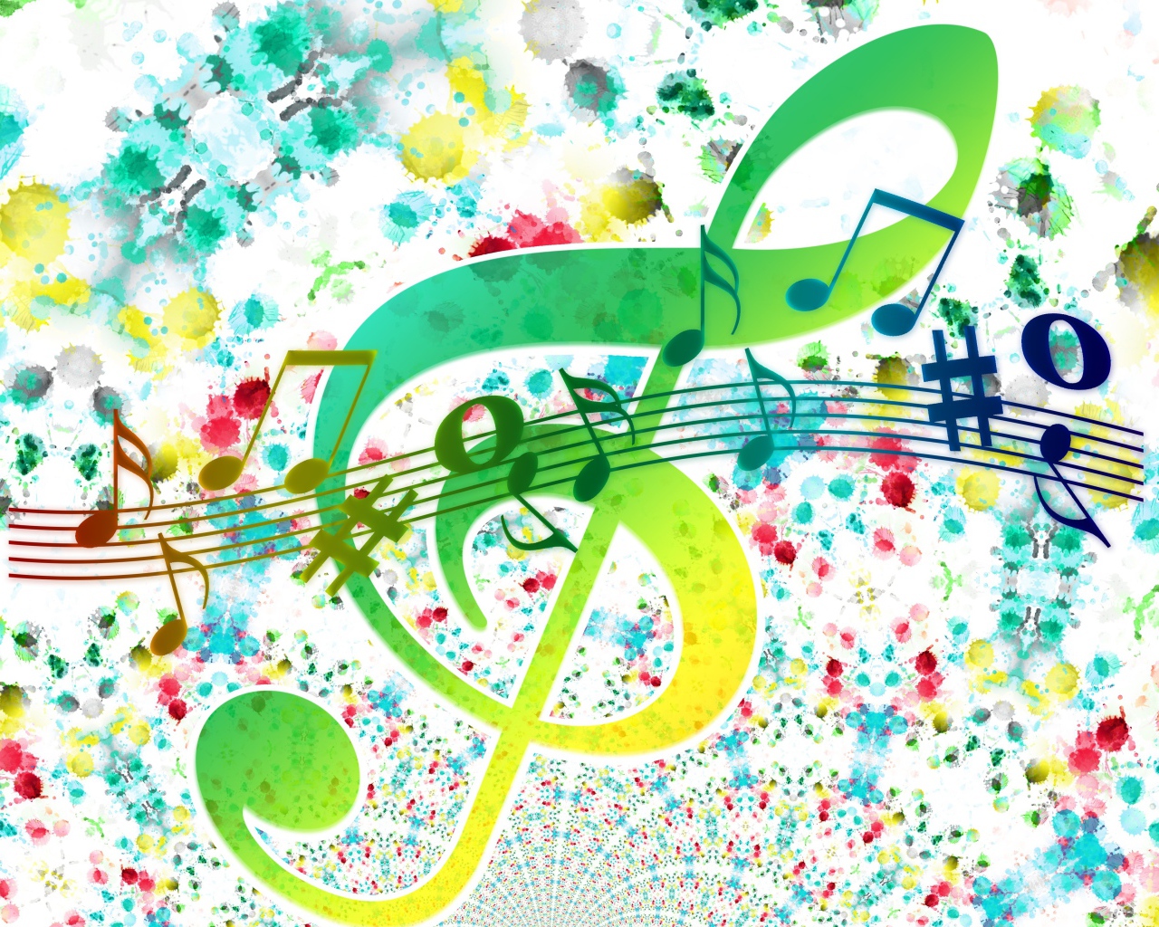 Разноцветный нотный ряд на белом фоне с пятнами 