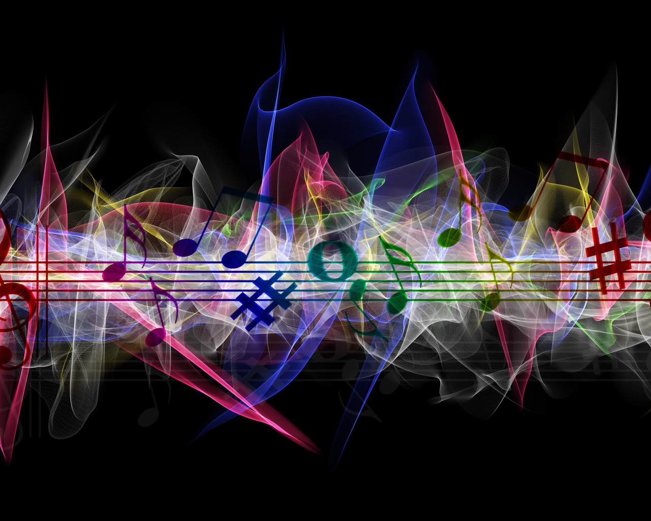 Нотный ряд с разноцветными волнами на черном фоне