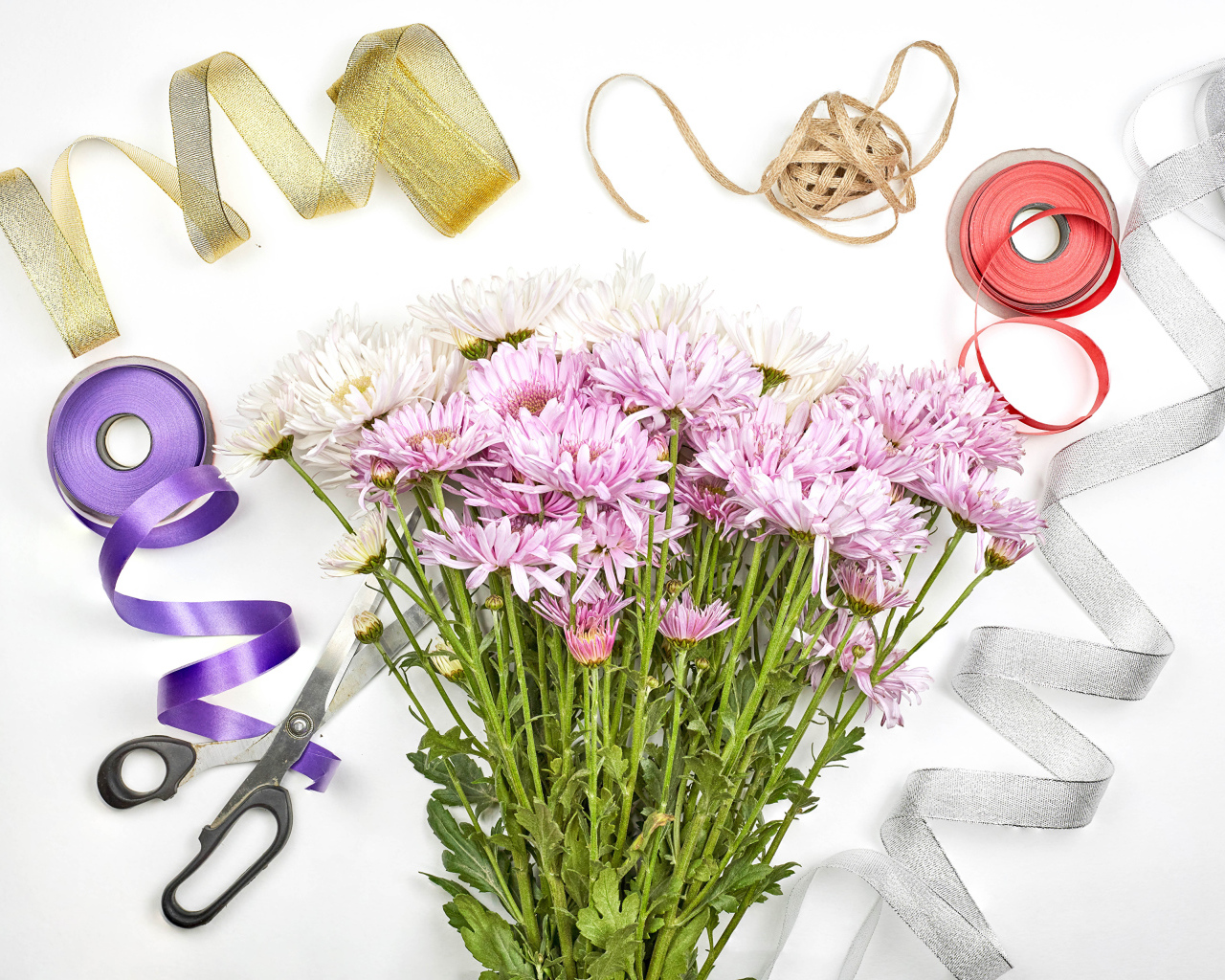 Букет розовых цветов хризантемы с ленточками на белом фоне