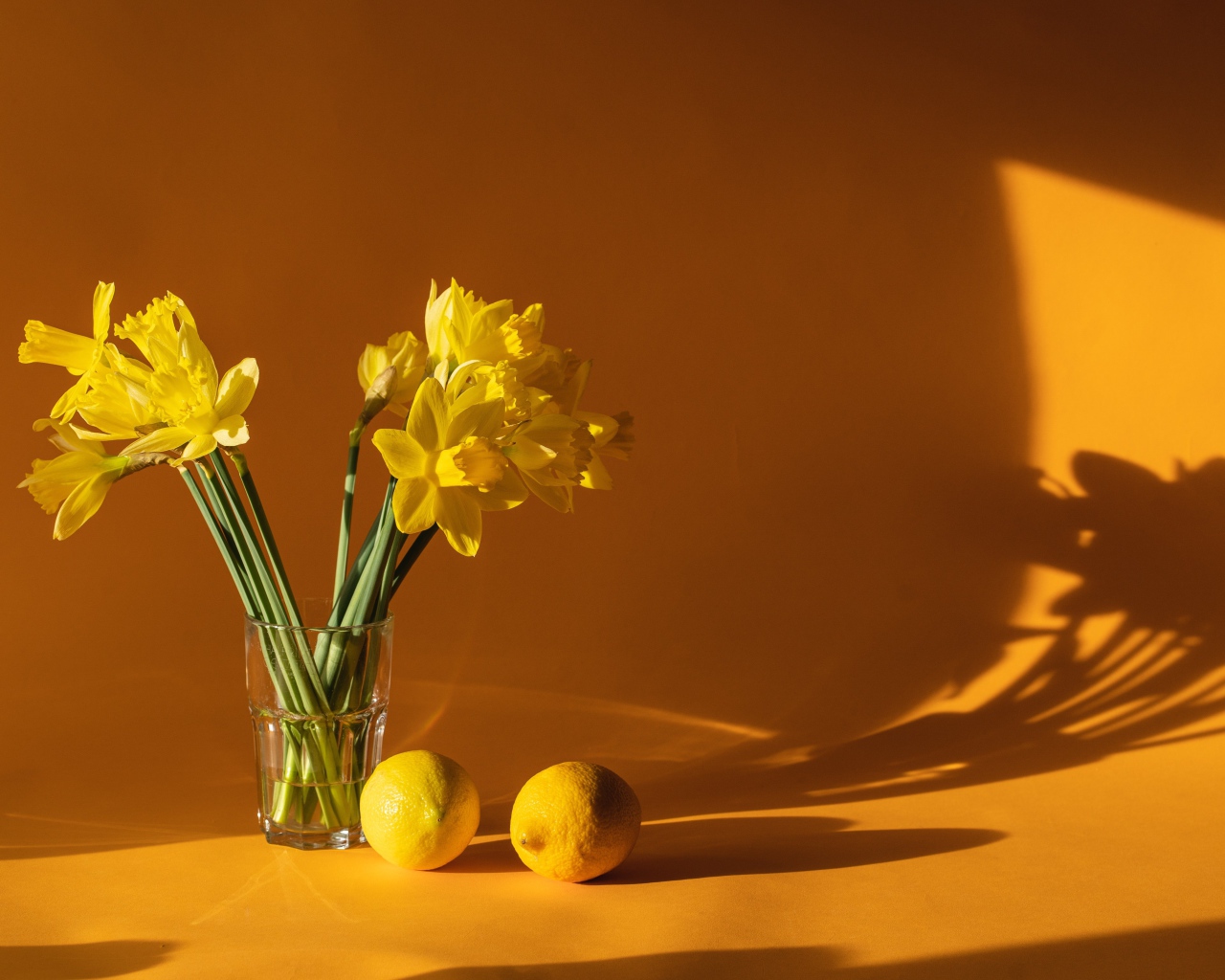 Букет желтых нарциссов с лимонами на столе