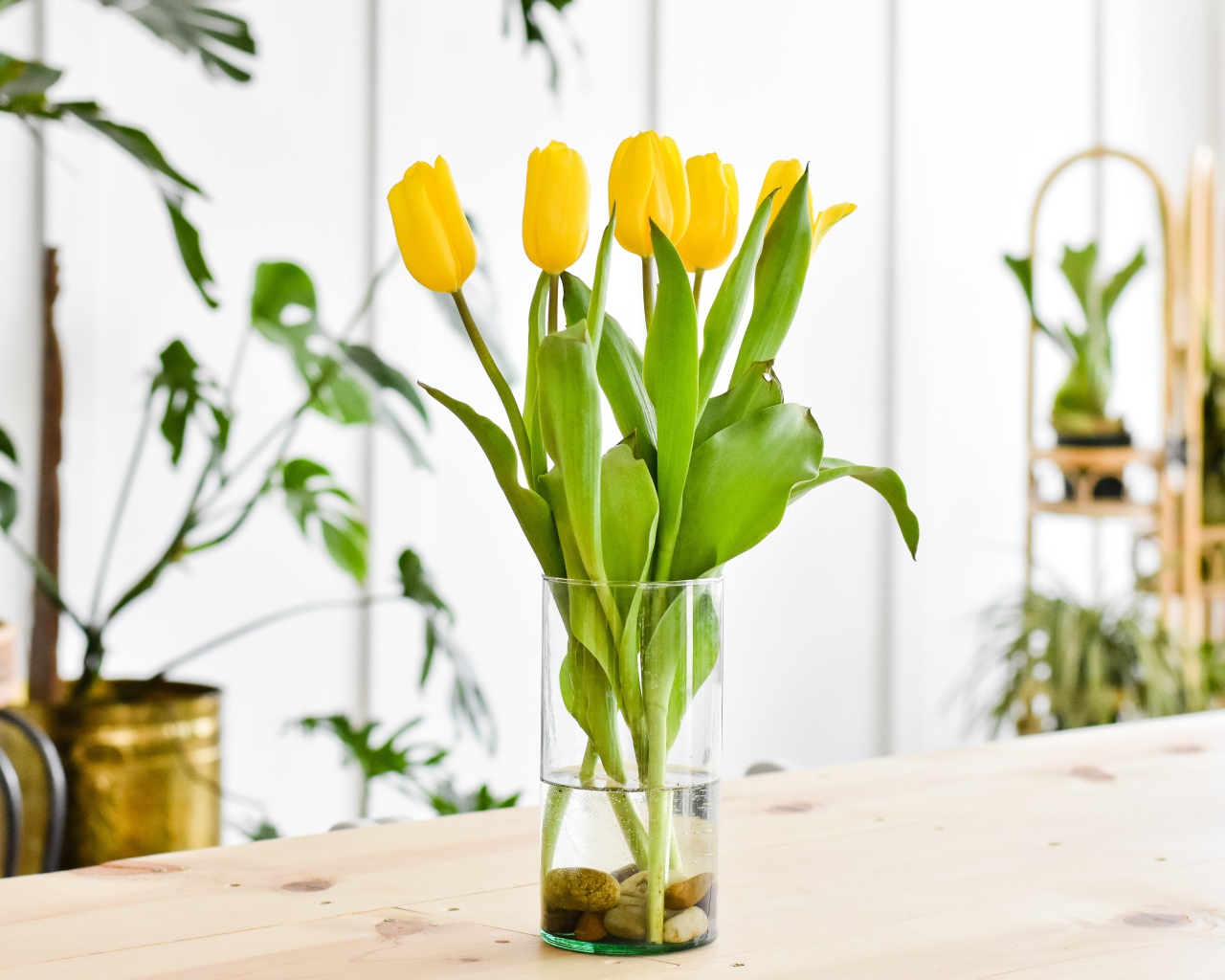 Букет желтых тюльпанов в стеклянной вазе на столе в гостиной