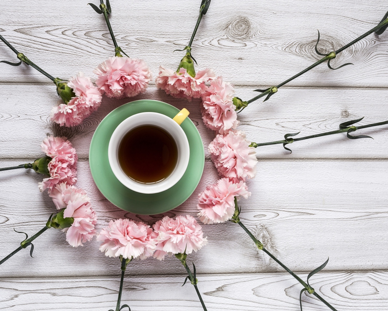 Розовые гвоздики с чашкой чая на деревянном столе 