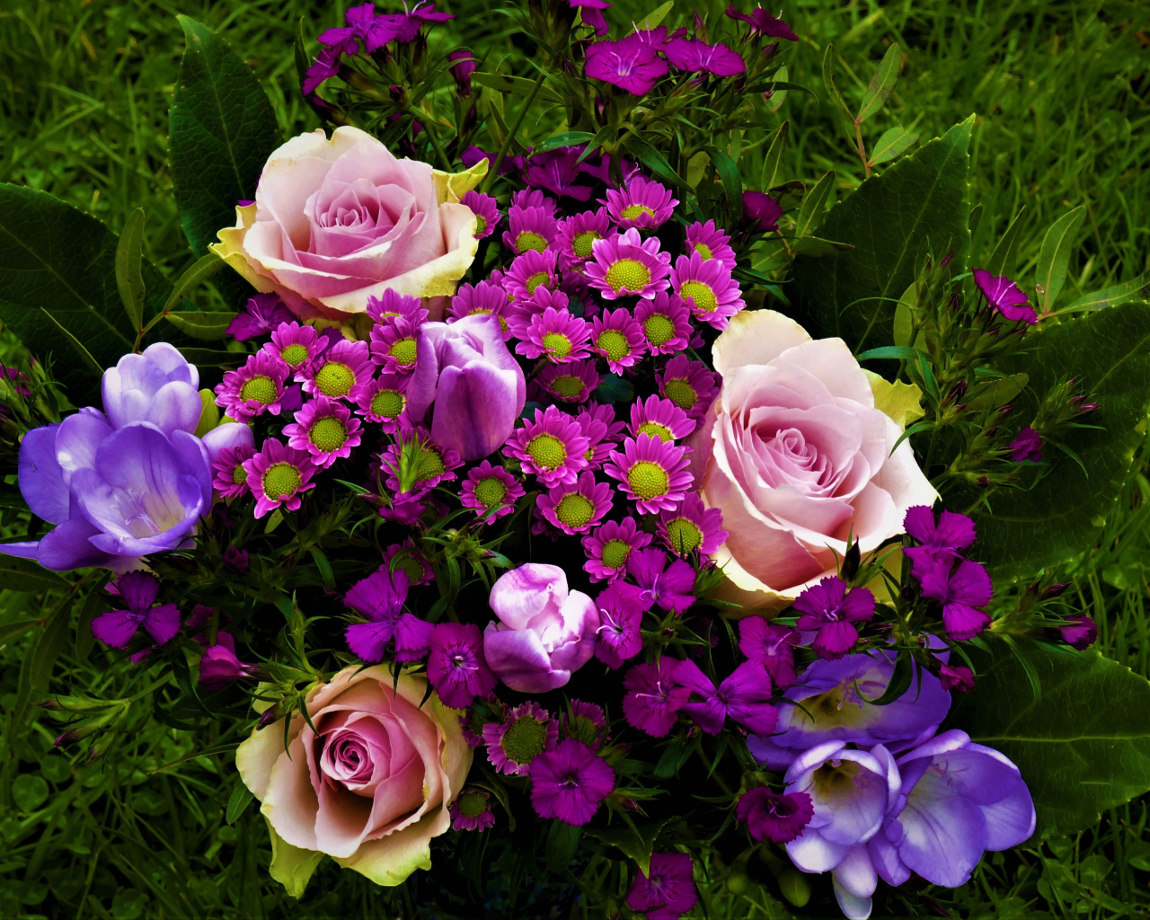 Розы, крокусы и хризантемы на зеленой траве