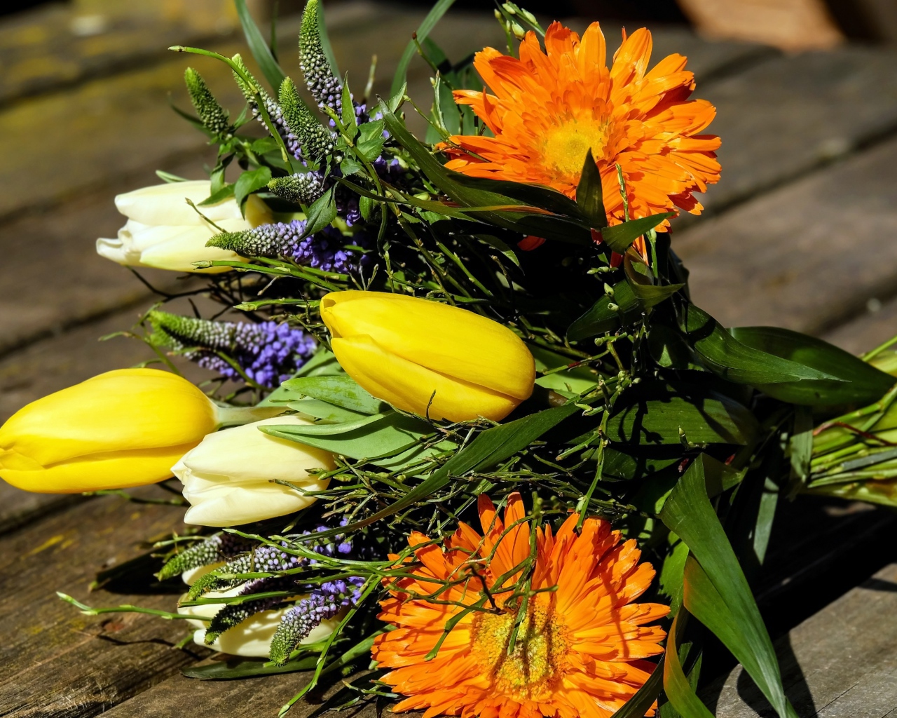 Цветы тюльпана с герберами на лавке