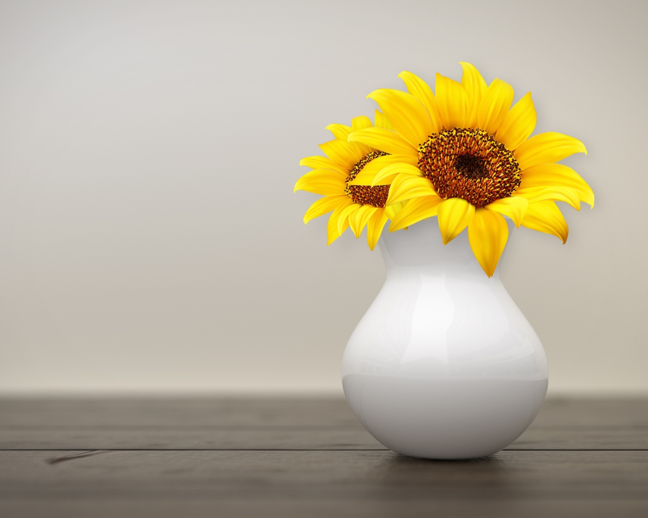 Два цветка подсолнуха в белой вазе на фоне стены