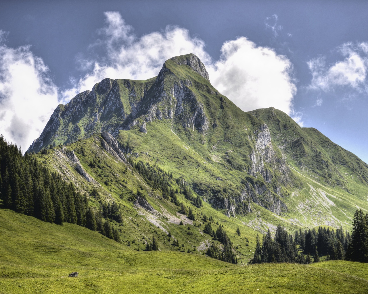 Большая зеленая гора под голубым небом