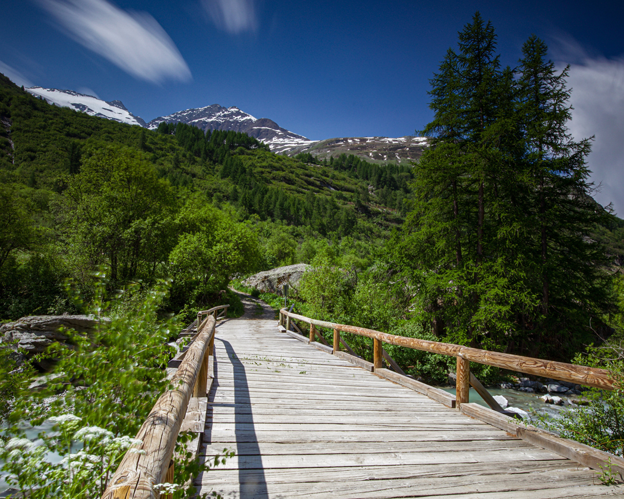 Большой деревянный мост у гор 