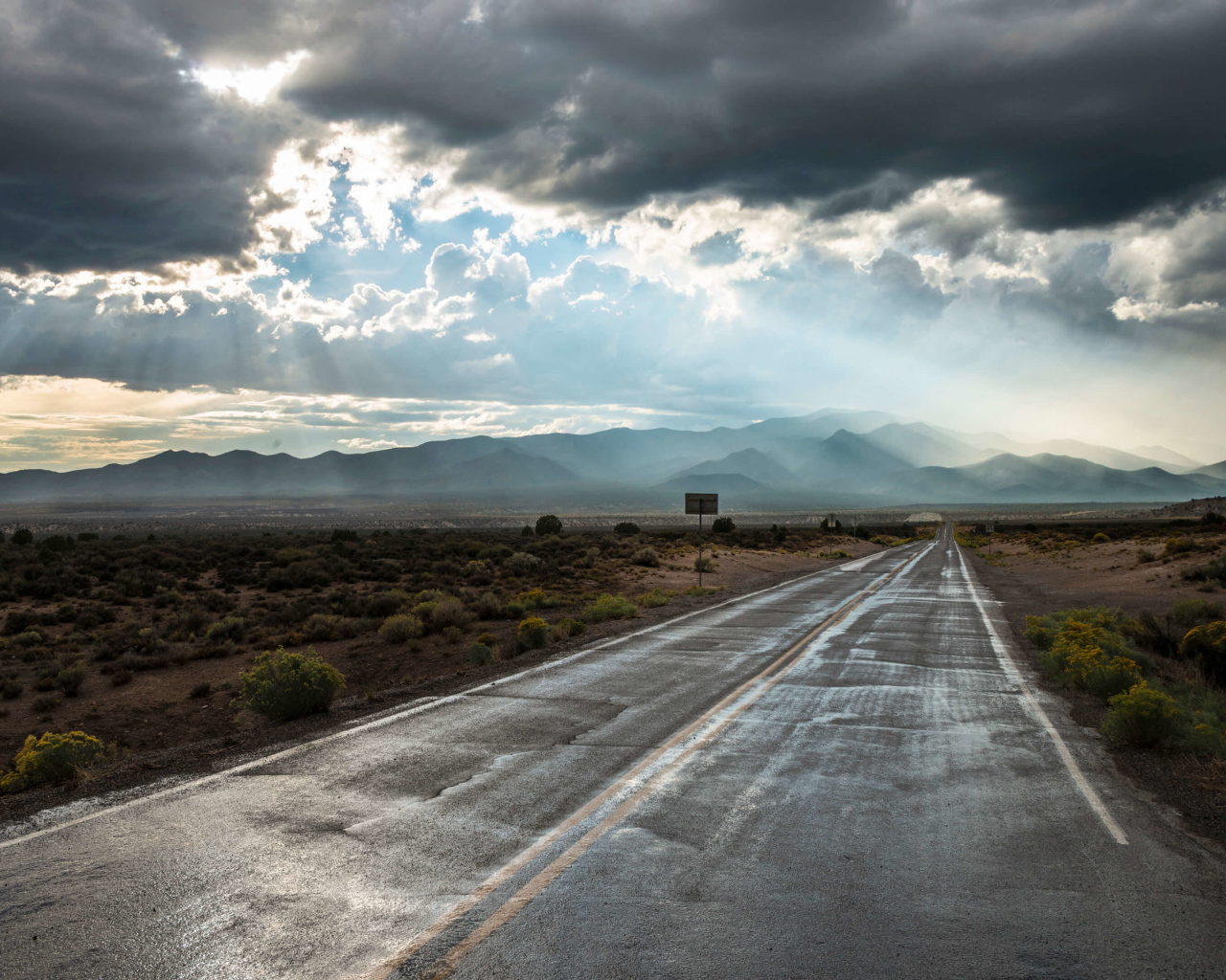 Мокрая дорога в лучах солнца под пасмурным небом 