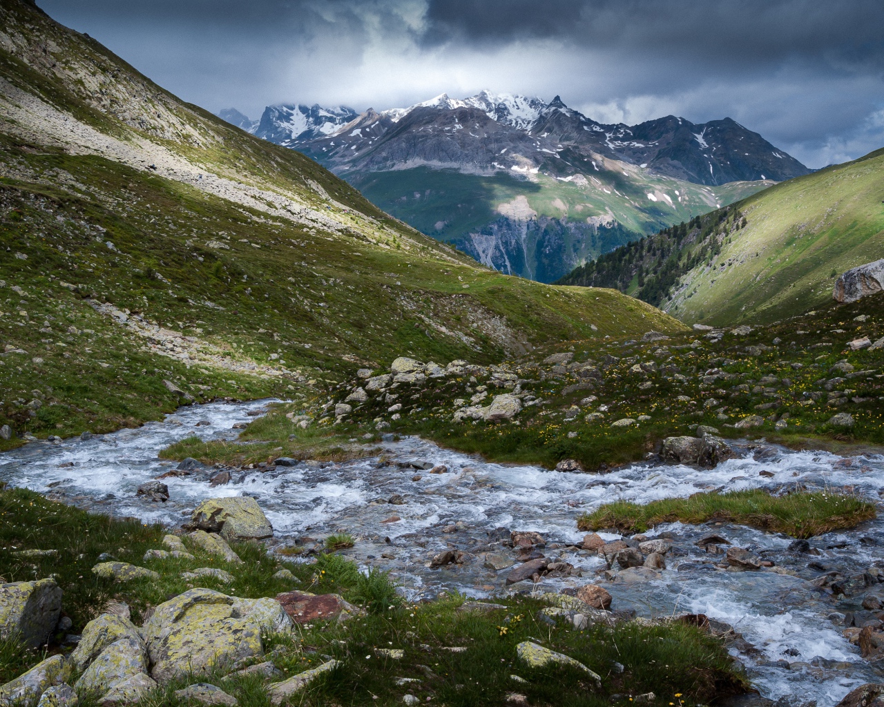 Быстрая горная река протекает между горами 