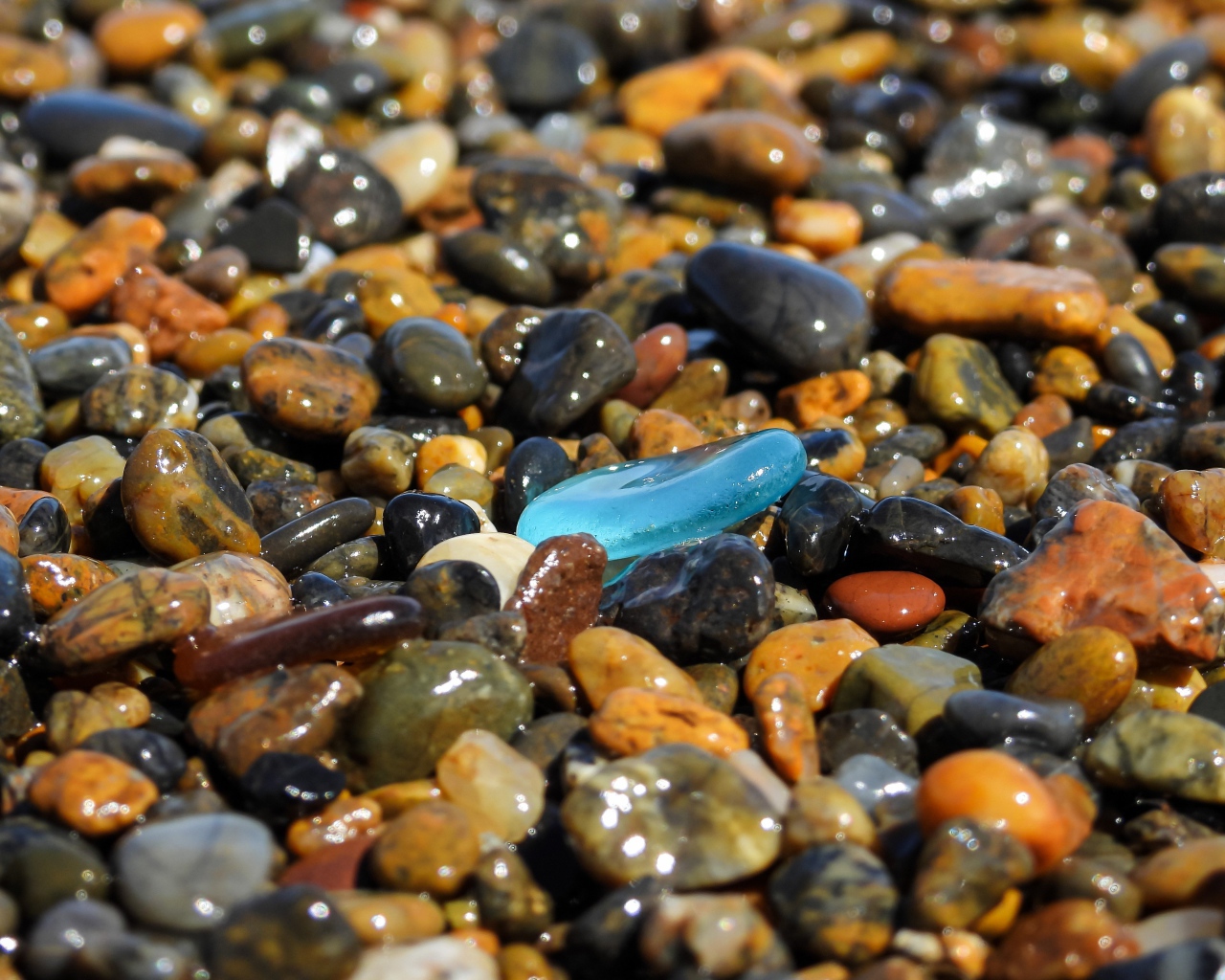 Гладкие разноцветные мелкие камни на пляже 