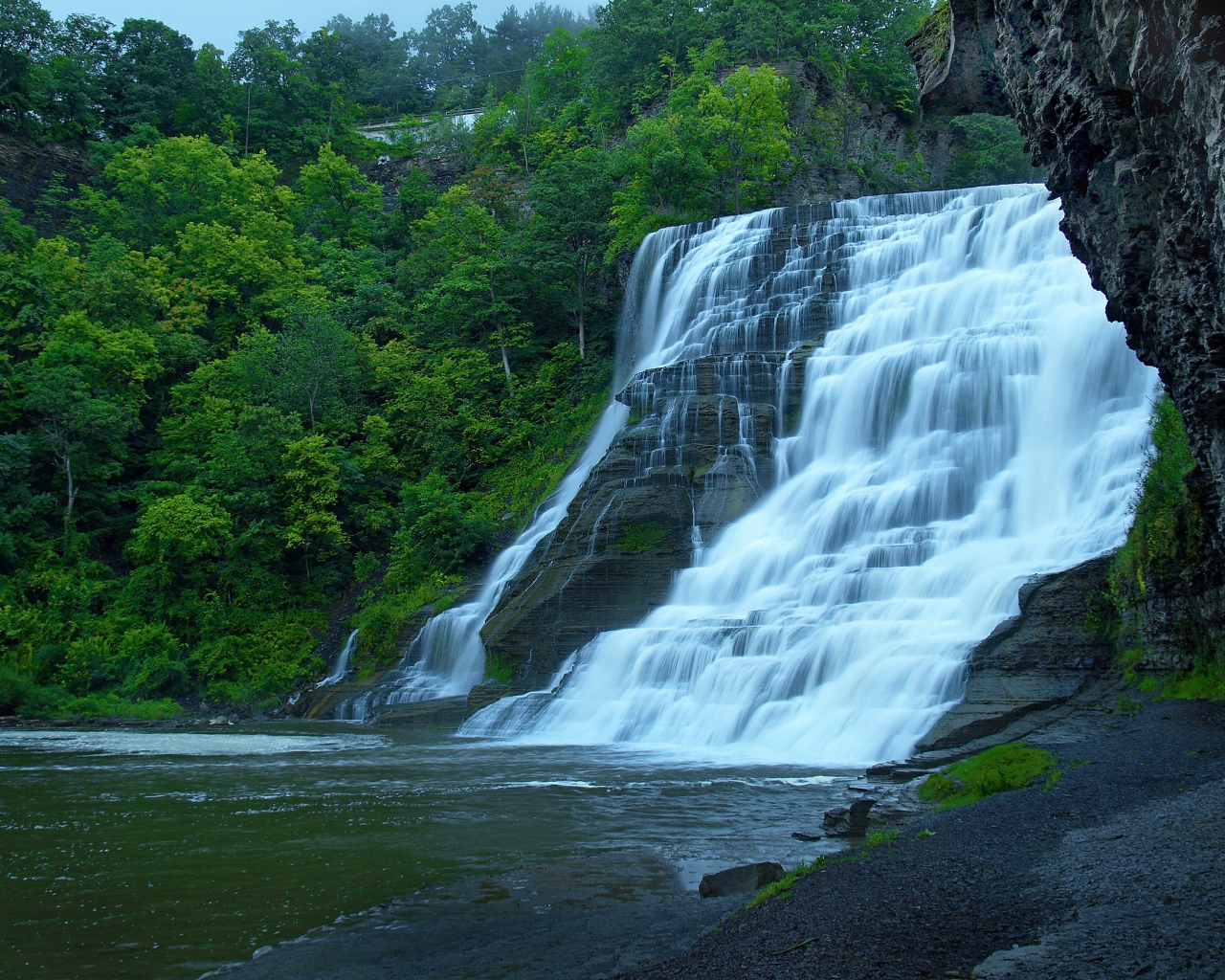 Красивый каскадный водопад с зелеными деревьями