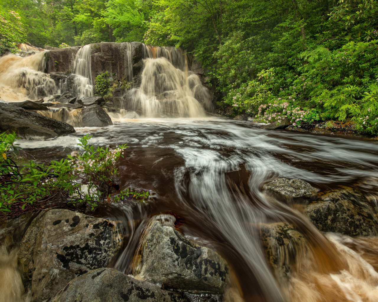 Быстрая холодная вода водопада стекает по большим камням
