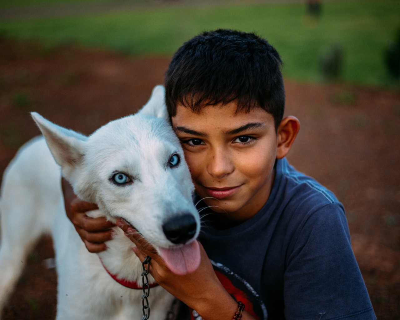 Мальчик с белой собакой с голубыми глазами 