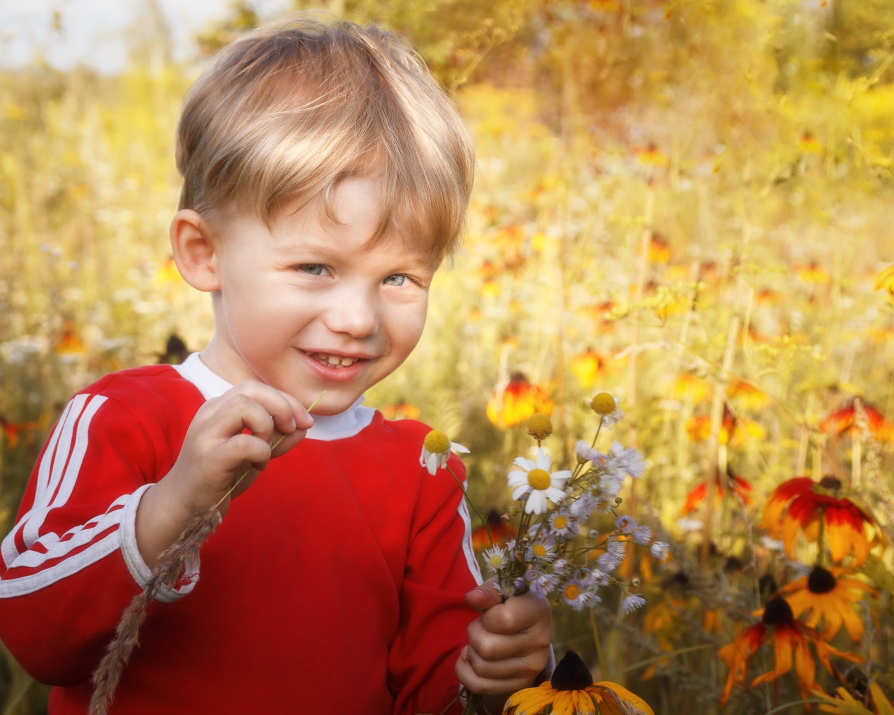 Улыбающийся голубоглазый мальчик с полевыми цветами 