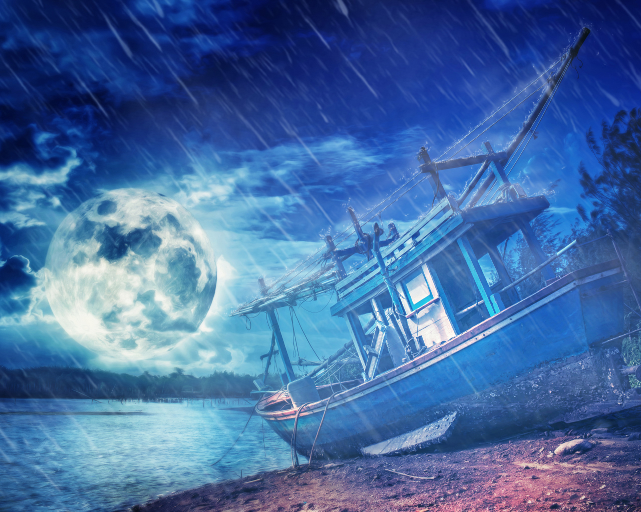 Старая лодка на берегу при свете луны под дождем