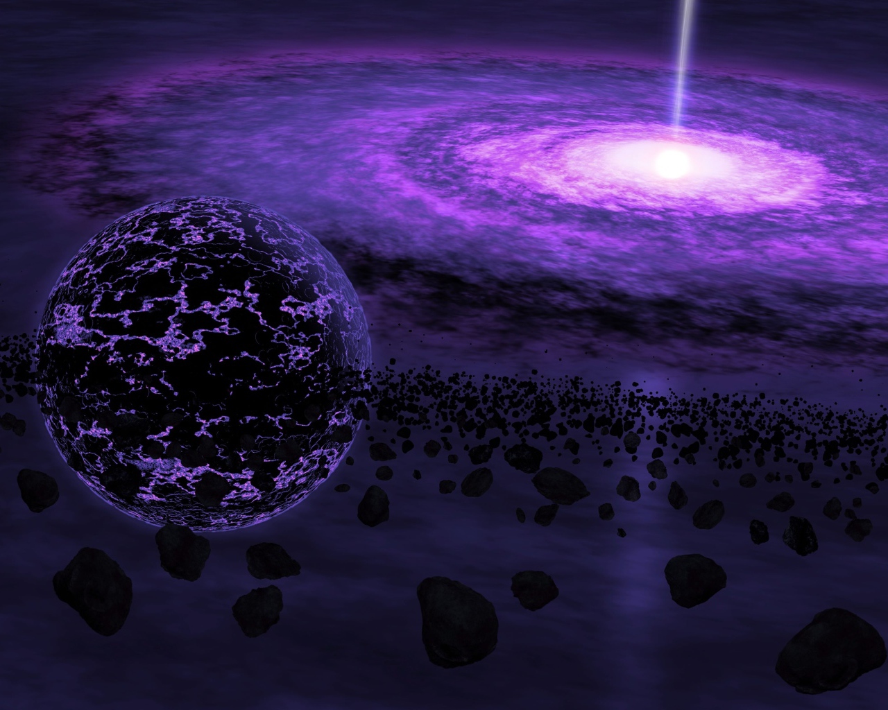 Черная дыра и планета с метеоритами в космосе 