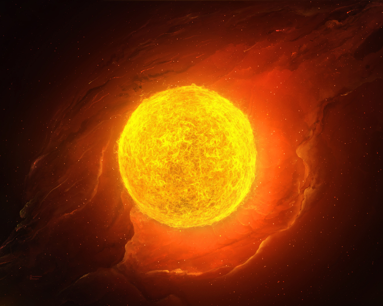 Bright fiery sun in space