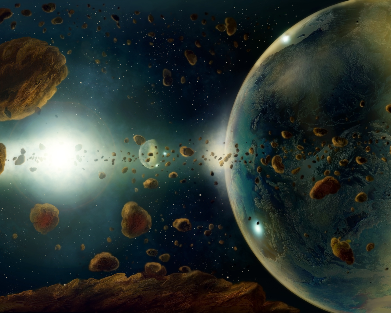 Большие астероиды в космосе  с планетами