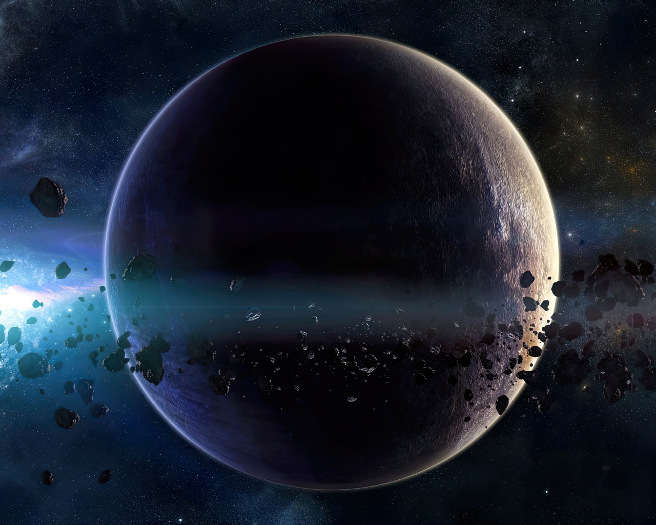 Большая планета с астероидами в космосе