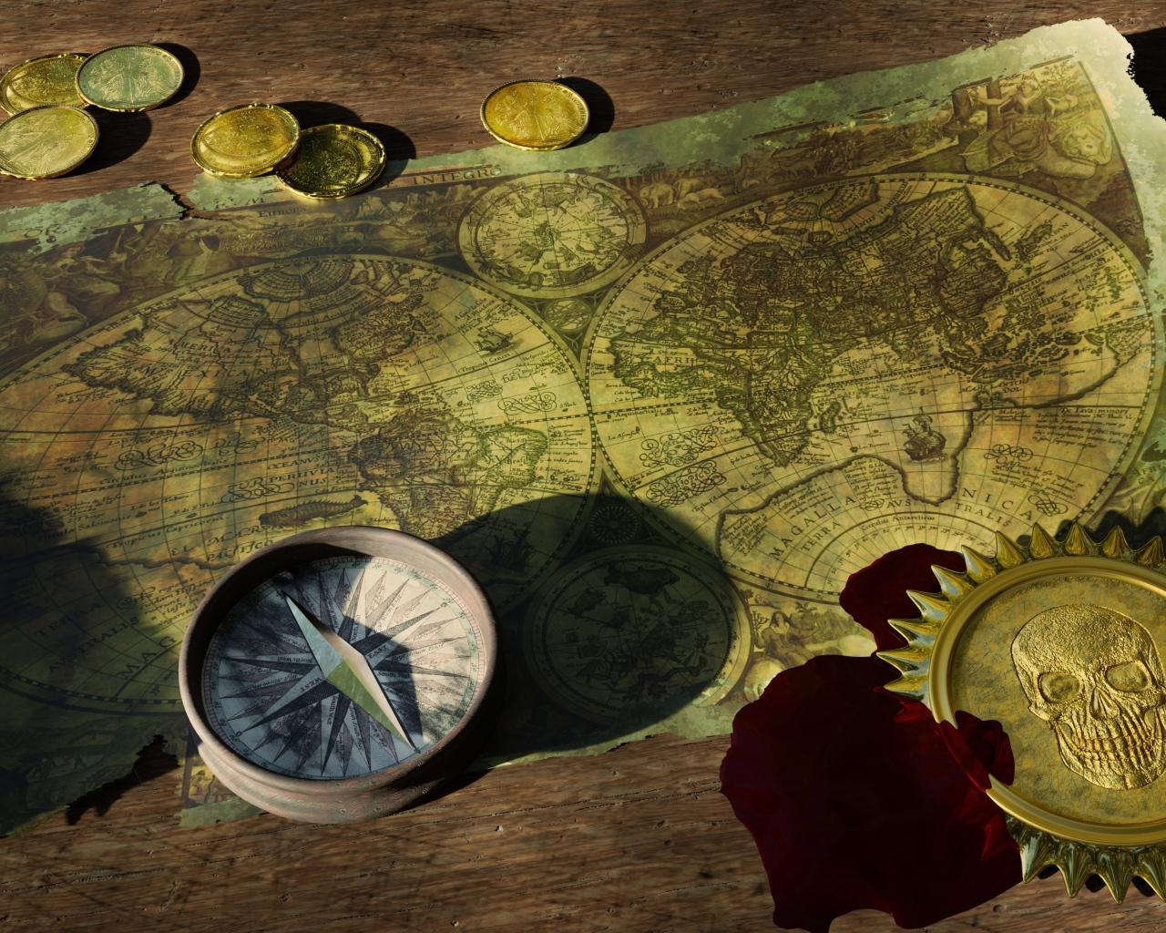 Старая карта с компасом и монетами
