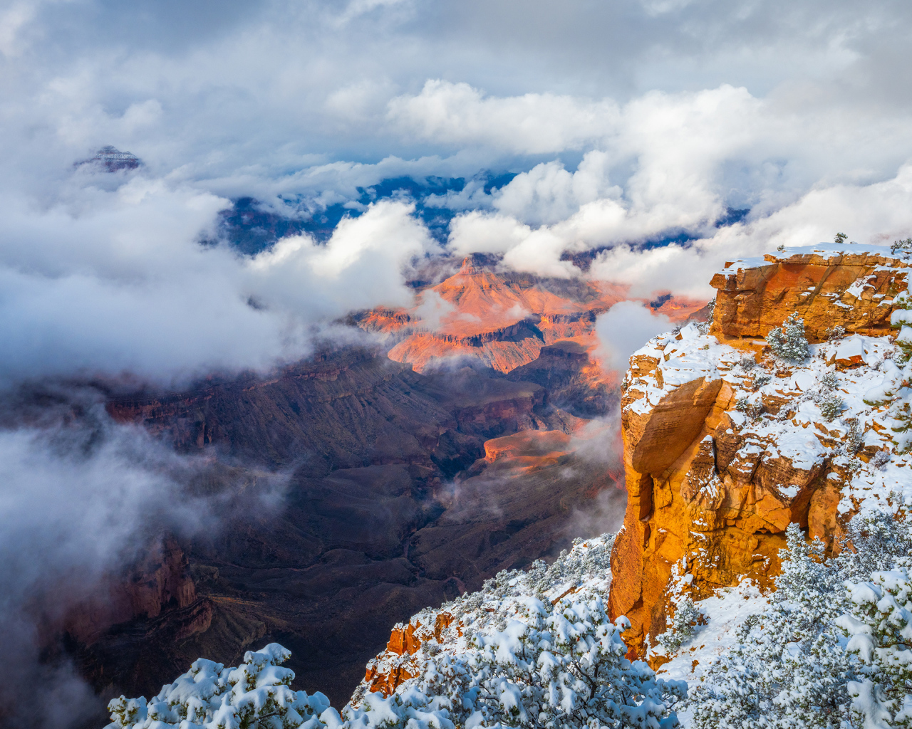 Вид на Гранд каньон под белыми облаками,США