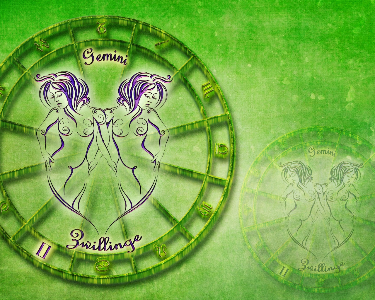 Знак зодиака близнецы на зеленом фоне