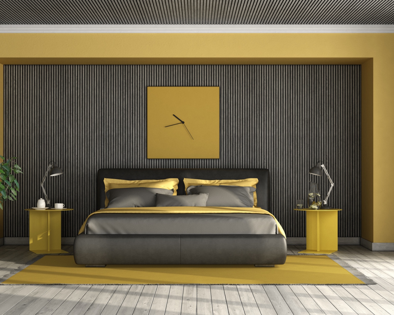 Большая черная кровать стоит у стены с часами 