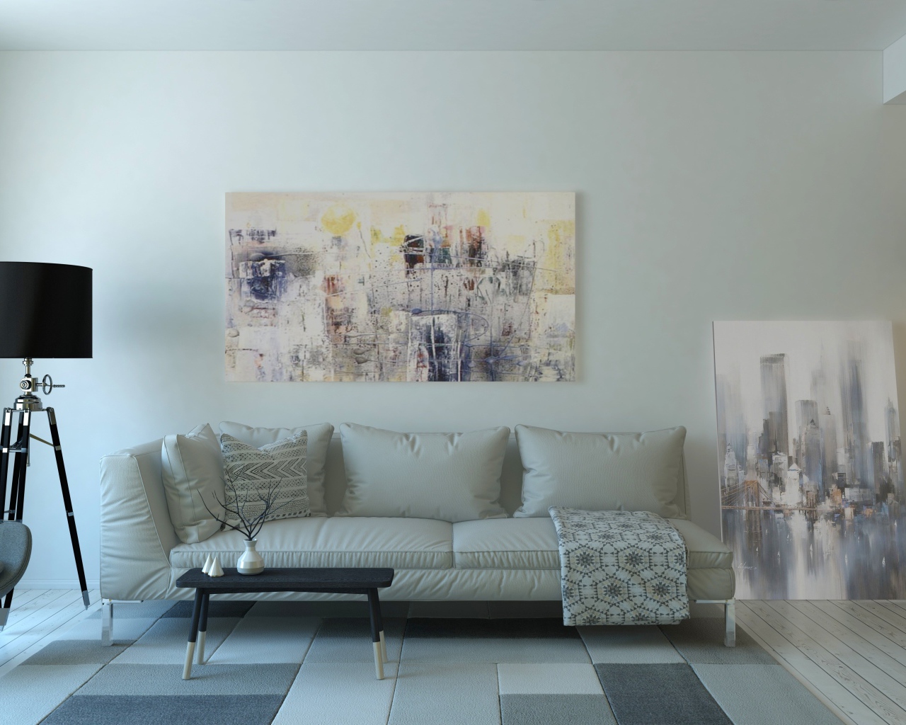 Кожаный диван стоит у стены с картиной