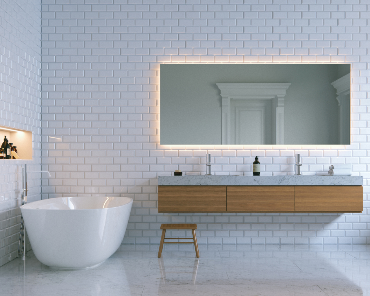 Ванная комната с белыми кирпичными стенами