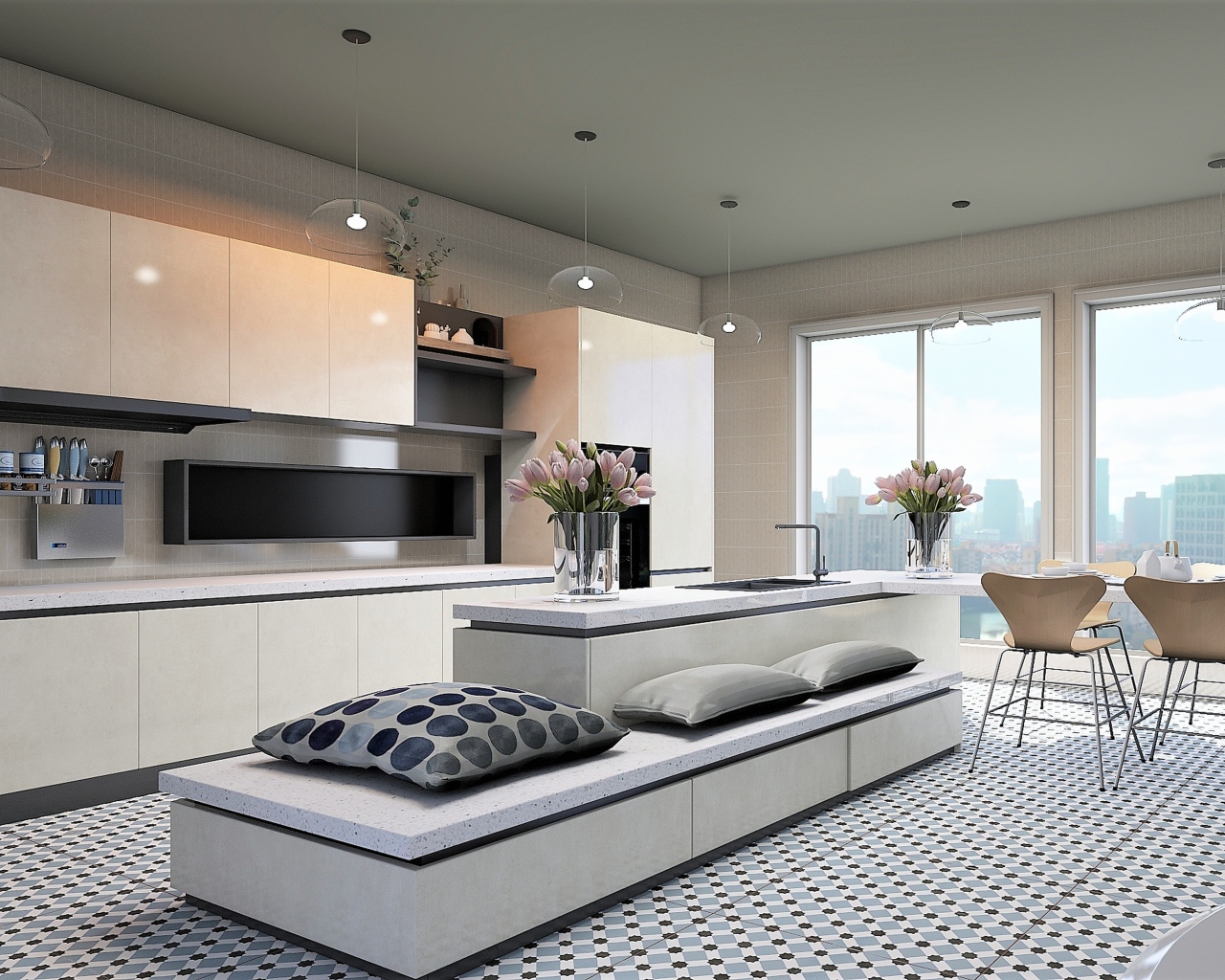 Красивая просторная кухня в сером цвете 