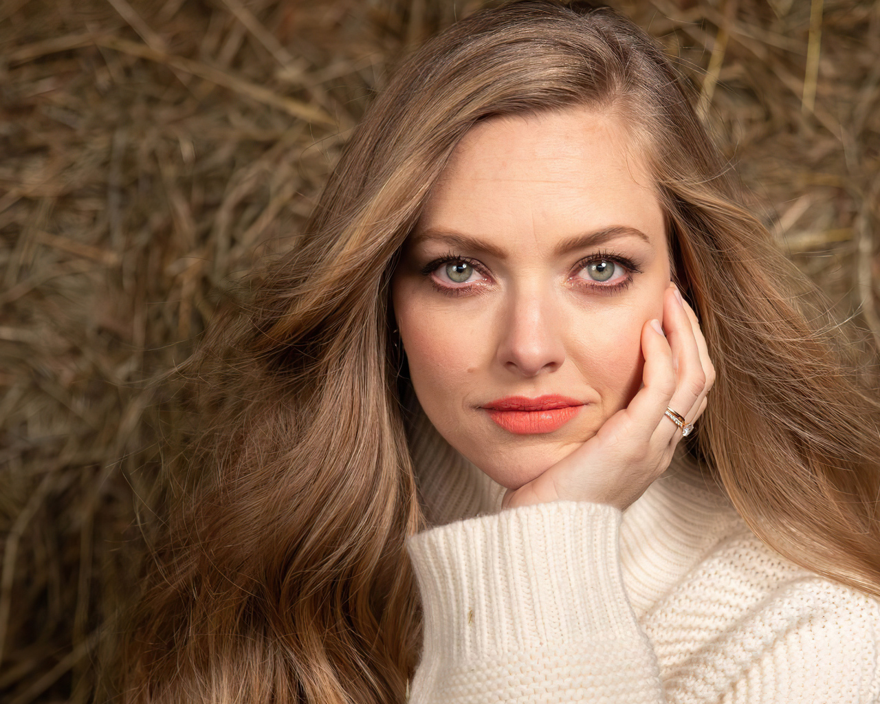 Красивая милая девушка, актриса Аманда Сайфред в белом свитере