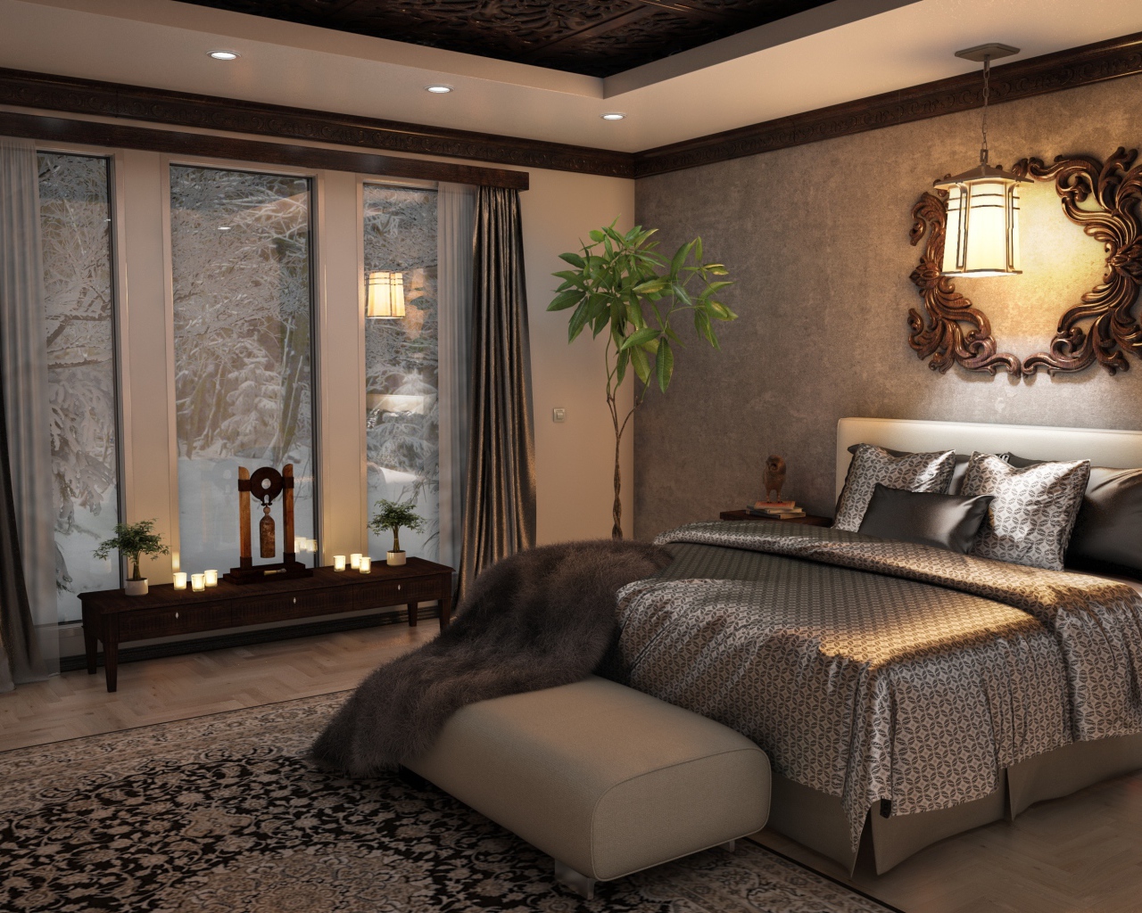 Кровать с красивым шелковым покрывалом в комнате с большим окном 