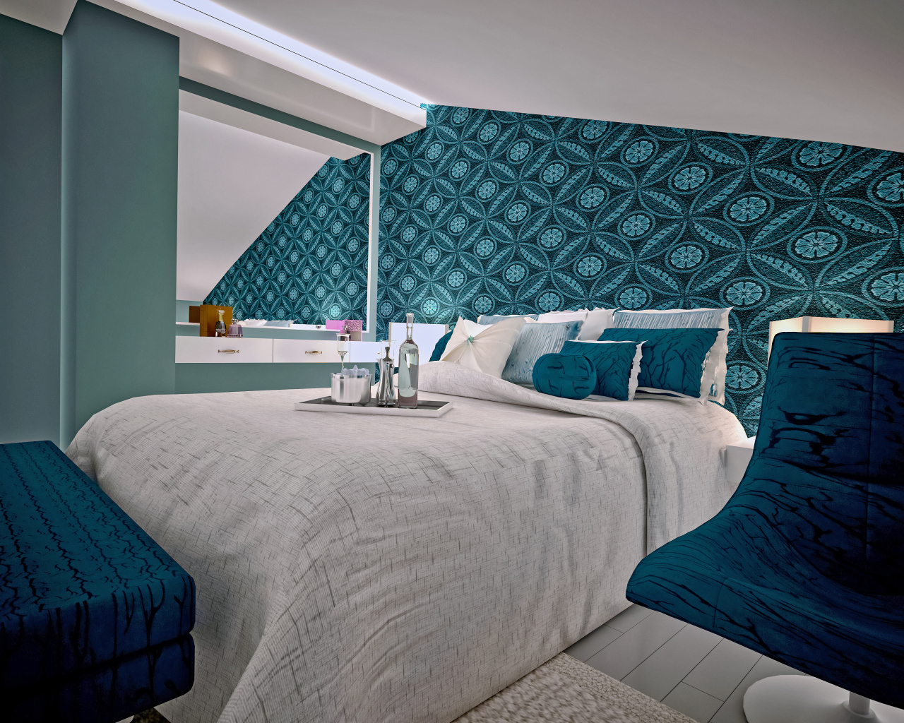 Спальня с большой серой кроватью и красивыми стенами