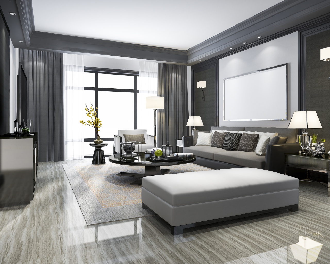 Черно белый интерьер в гостиной с большим телевизором