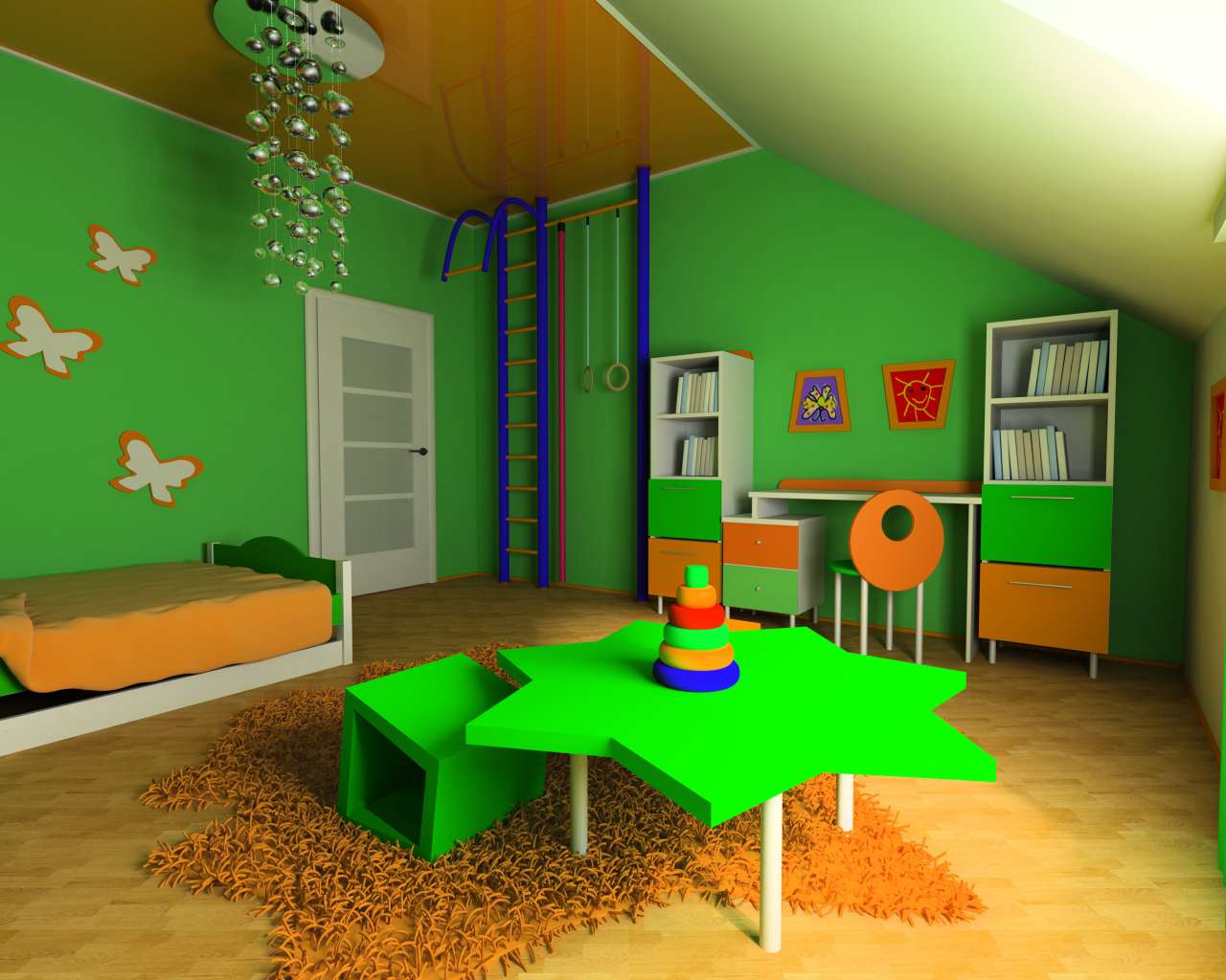 Детская комната с зелеными стенами и мебелью 