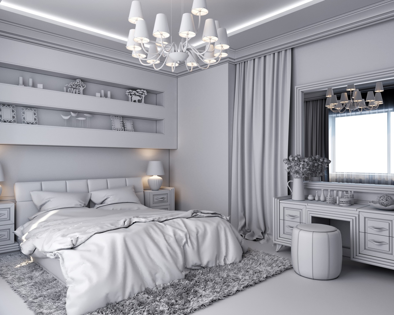 Серый интерьер спальной комнаты с большой люстрой 