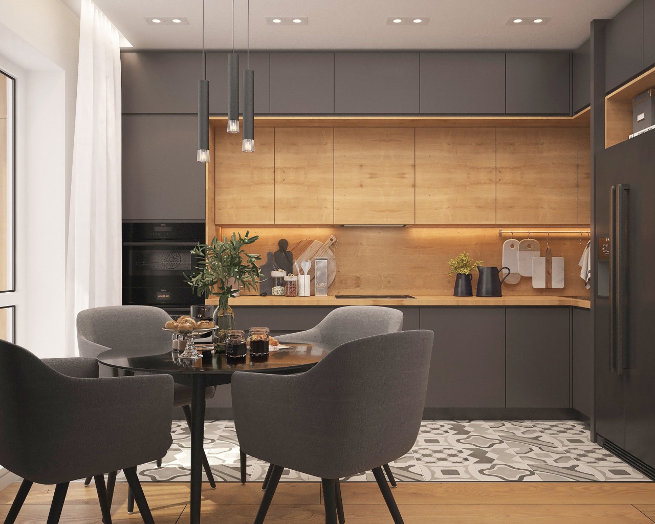 Серая кухня с деревянными вставками 