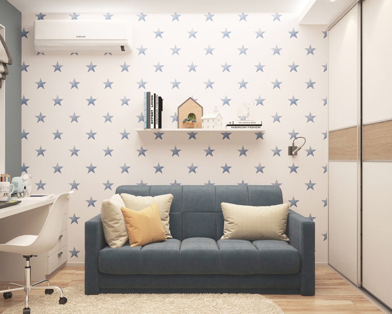 Серый диван с подушками в комнате 