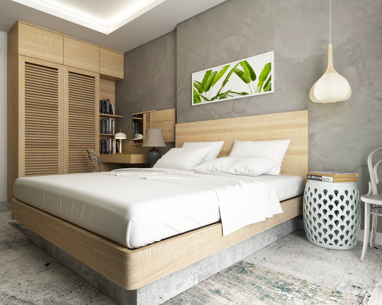 Серые стены с картиной в спальной комнате