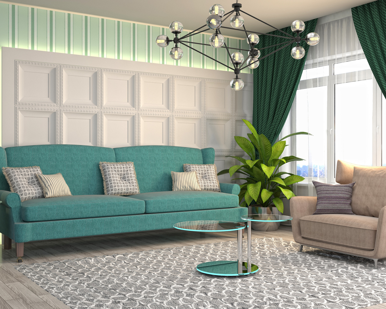 Большой голубой диван в гостиной с балконом