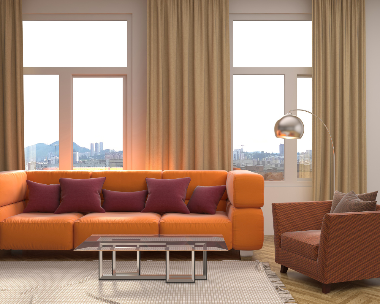 Большой оранжевый диван с подушками у окна 