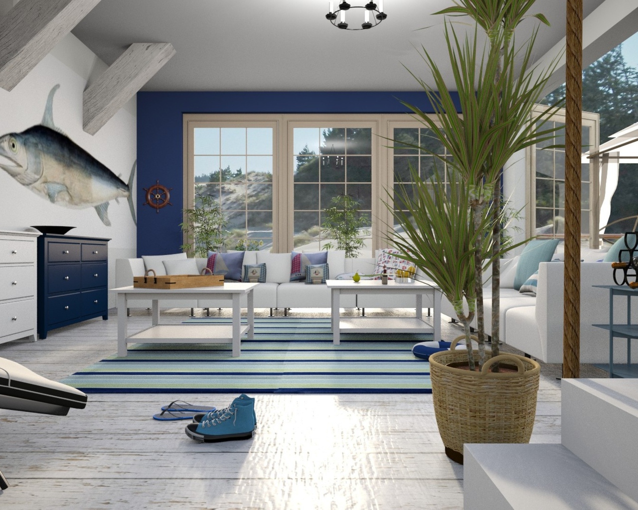 Большая просторная гостиная в бело-голубом стиле