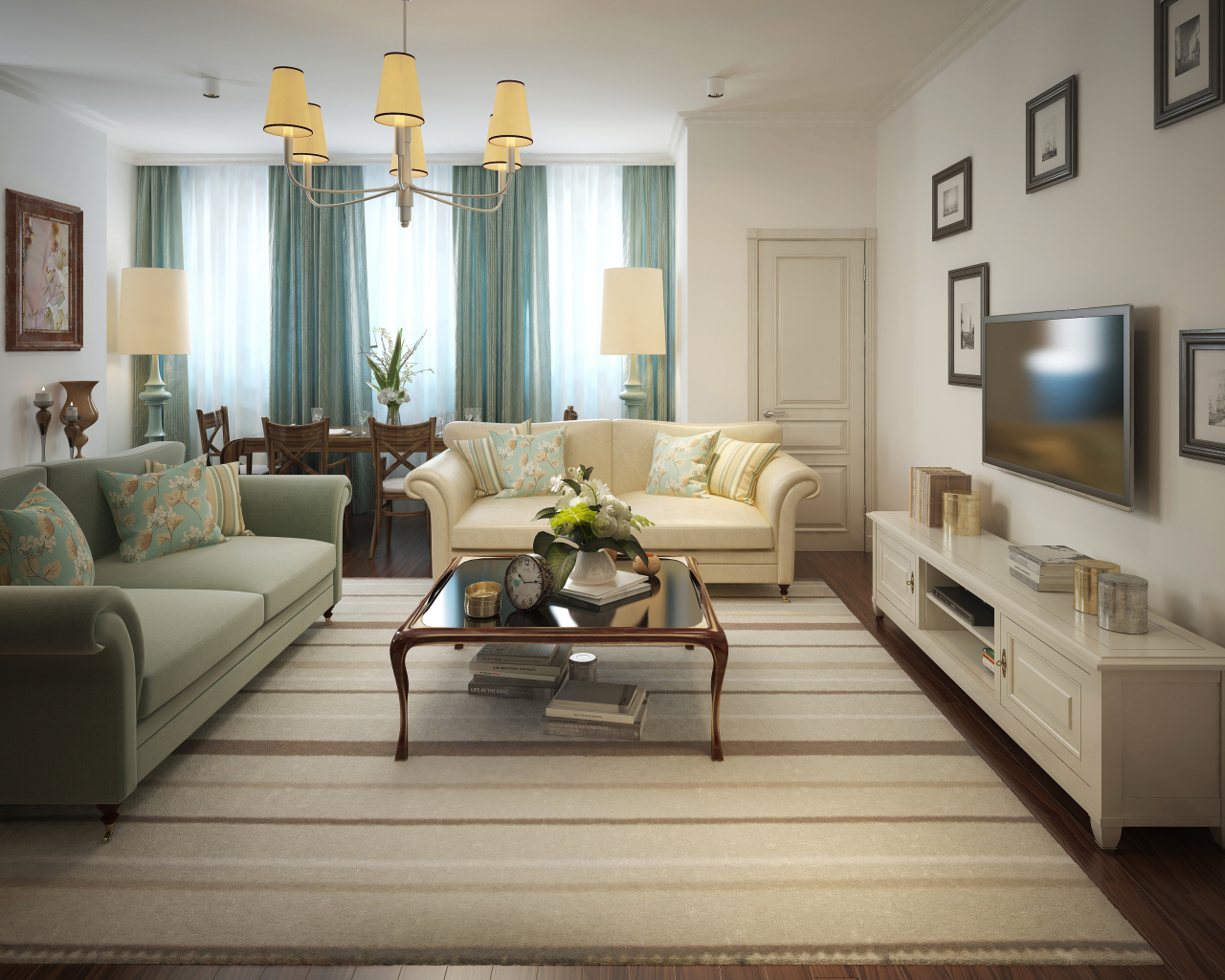 Гостиная комната с голубыми шторами на окне