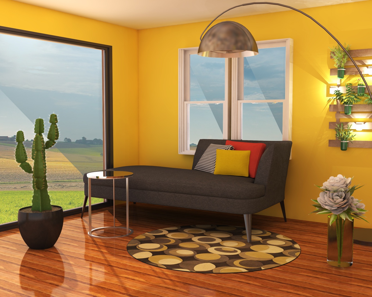 Гостиная комната с диваном, желтыми стенами и большим окном