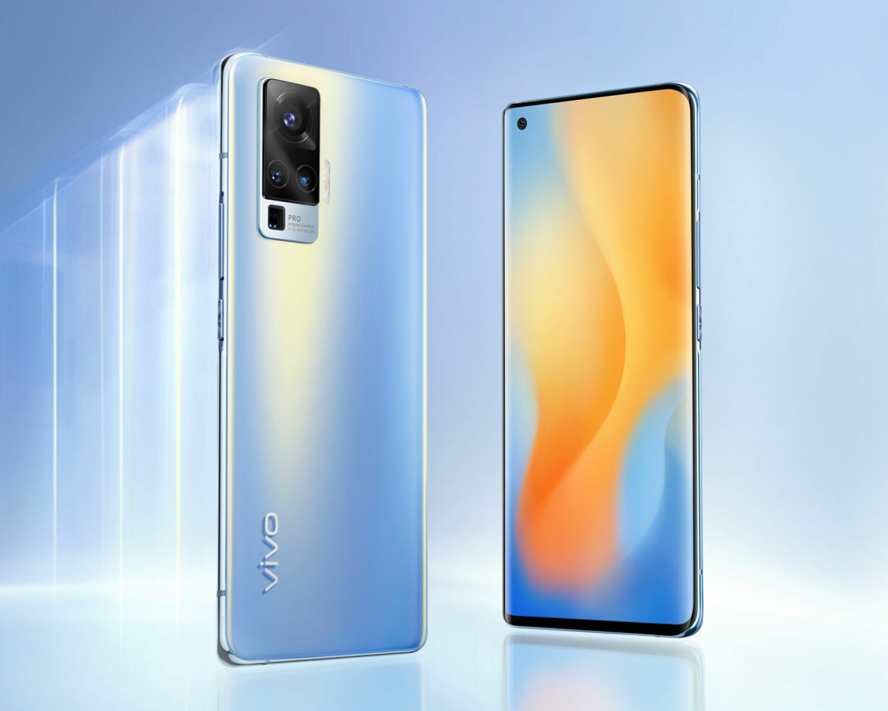 Новый стильный смартфон Vivo X60 на голубом фоне