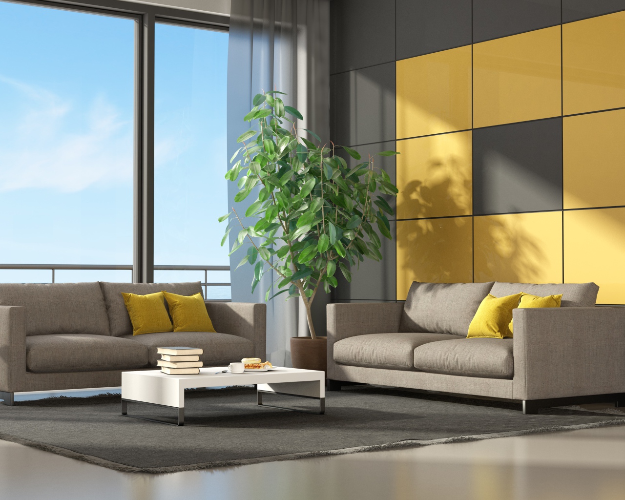 Квадраты на стене в комнате с большим окном